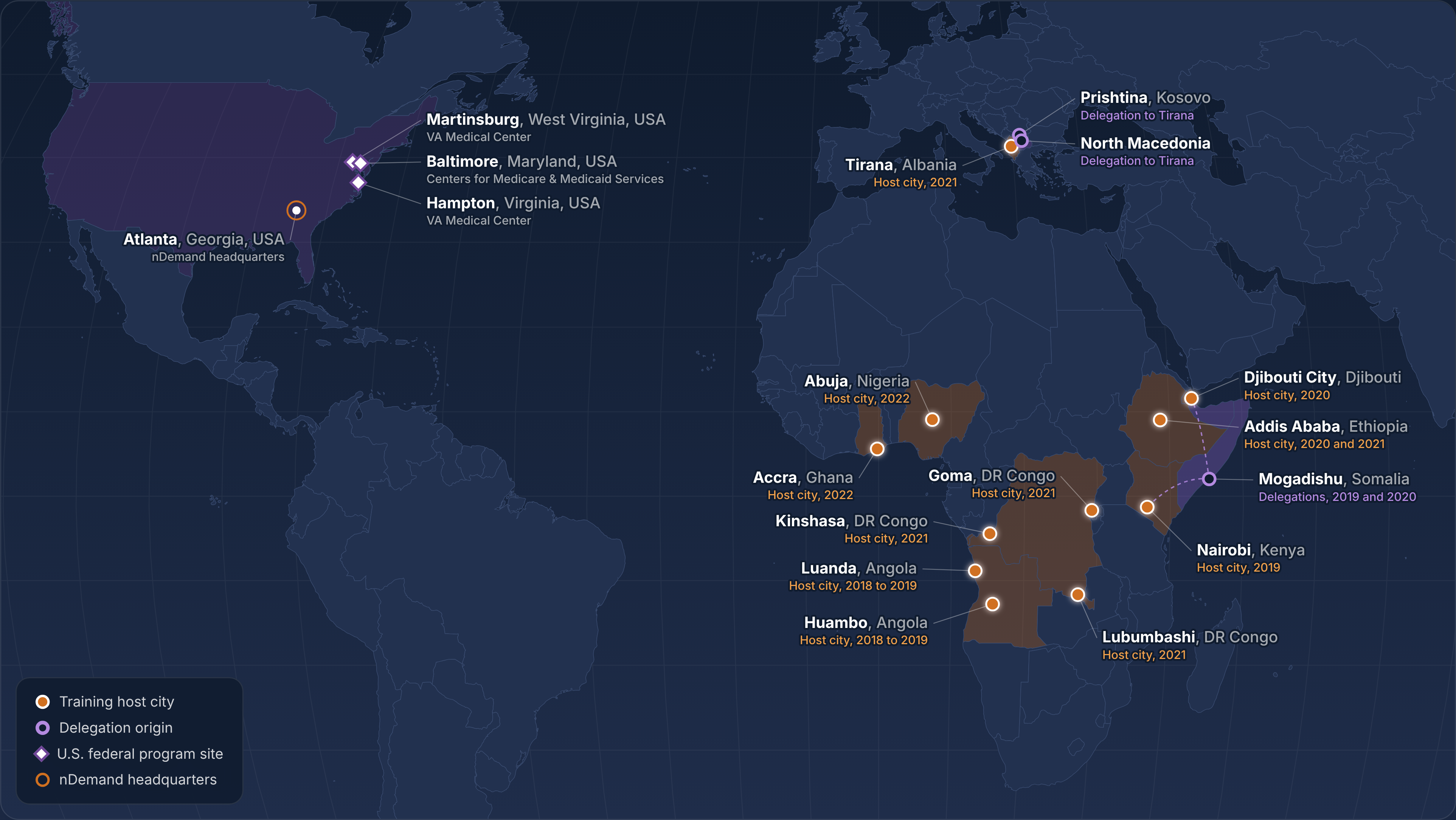 Map of nDemand program locations across the United States, Europe and Africa